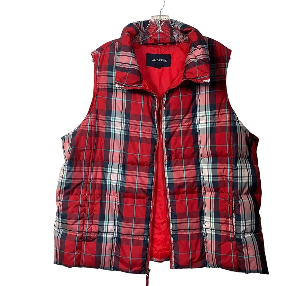 Lands' End Down Vest 2X Women's Red Plaid Puffer Classic Preppy Academia Ski